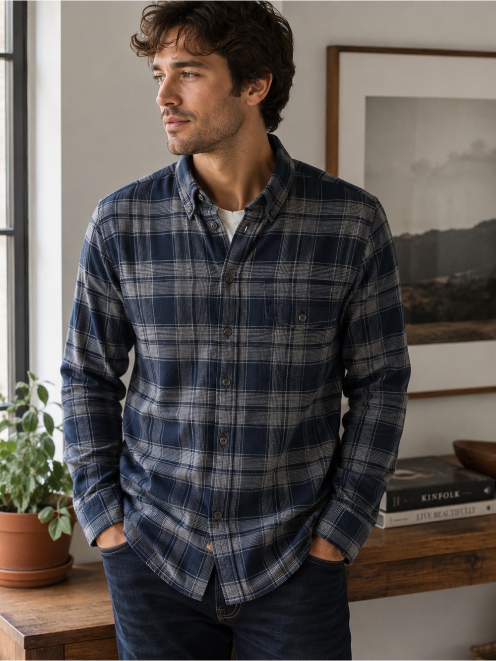 H&M L.O.G.G. Men’s Regular Blue Gray Plaid Flannel Button Down Shirt